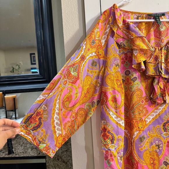 Lauren Ralph Lauren Ruffled Multicolor Paisley Cotton 3/4 Button Sleeve Top 1X - Picture 5 of 5